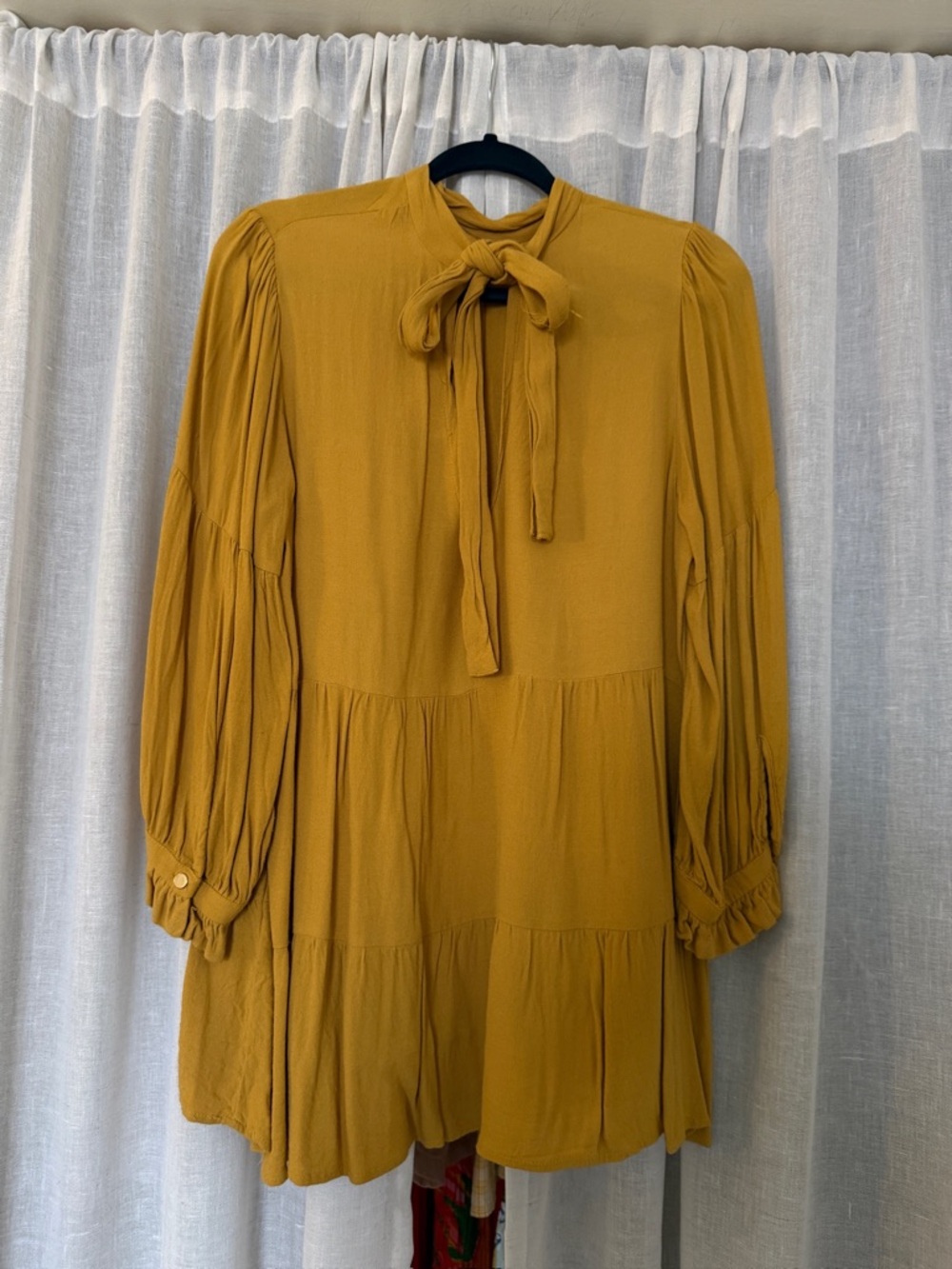 Maeve Mustard Tie-Neck Tiered Mini Dress